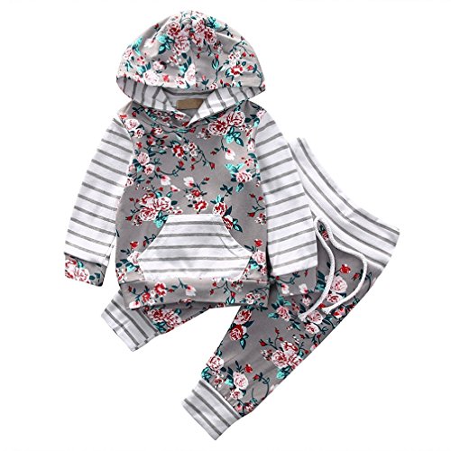 2pcs Infantil NiñAs Ropa Conjuntos Rosa ImpresióN Raya Manga Larga Tops Encapuchado + Rosa Pantalones (100cm/18-24 Meses)