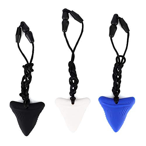 3piezas Collar de mordedor, silicona Forma de tiburón mordedor colgante autismo masticar comodidad collar de mordedor para bebés(Negro blanco azul)