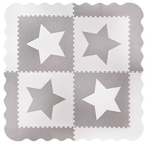 4 grandes azulejos de estrellas de esterilla de juego de bebé de espuma gris que se enganchan - tapetes con bordes. Cada azulejo 60 x 60 cms. Total 1.2m2