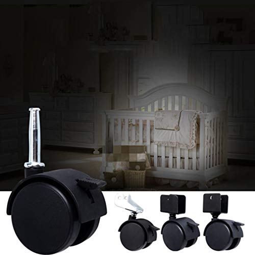 4pcs Ruedas de Nylon para Cuna Infantil,Ruedas Giratorias para Cuna Bebés,2" Rueda de Muebles con Freno,Accesorios de Cama para Niños,Carga 150kg,con Tornillos,Negro,Doble Rueda (Soporte en U 25mm)