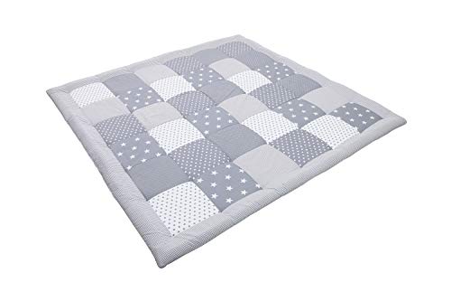 Alfombra para gatear de ULLENBOOM ® con estrellas grises (manta para bebé de 140 x 140 cm; ideal como colcha para el cochecito; apta como alfombra de juegos)