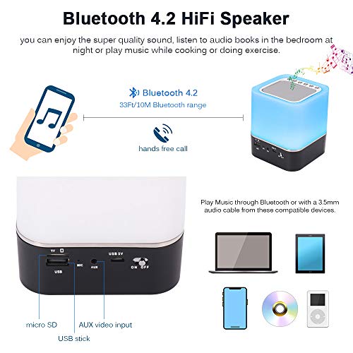 Altavoz de la Lámpara de Cabecera, SUNJULY Reloj Despertador Altavoz Bluetooth Calendario Digital, Control Táctil 1200mAh Batería Soporte TF Tarjeta SD Mejor Regalo Niños