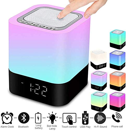 Altavoz de la Lámpara de Cabecera, SUNJULY Reloj Despertador Altavoz Bluetooth Calendario Digital, Control Táctil 1200mAh Batería Soporte TF Tarjeta SD Mejor Regalo Niños