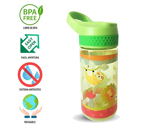 AMTBABY Botella de Tritan reutilizable con sistema antigoteo de 450ml. Facil Apertura. Sin BPA para uso diario y aprendizaje de Bebes y Niños.