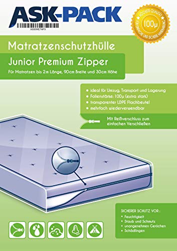 ASK Pack Bolsa de Colchón Premium Junior- con Cierre Cremallera - para Colchónes de 90cm Ancho / 200cm Largo / 30cm Grosor - Extra Fuerte 100µ