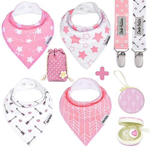 Baberos bandana para bebé de Dodo Babies para niñas + 2 pinzas para chupete + estuche para chupete en una bolsa de regalo, paquete de 4 de alta calidad, excelente regalo para baby shower/registro