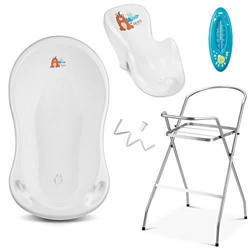 BabyKajo Bañera Plegable Bebé con Soporte - Set de 4 Piezas para Recién Nacidos - Banera con Termometro, Soporte, Asiento de Bañera Bebe, y Manguera de Desagüe - Ayuda Antideslizante