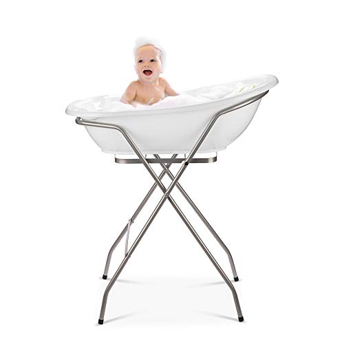 BabyKajo Bañera Plegable Bebé con Soporte - Set de 4 Piezas para Recién Nacidos - Banera con Termometro, Soporte, Asiento de Bañera Bebe, y Manguera de Desagüe - Ayuda Antideslizante