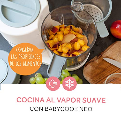 BÉABA - Babycook Néo - Robot de cocina para bebés 4 en 1, Cocina al Vapor Suave y Tritura, Hecho en Francia, Jarra de Cristal y Cestilla de Cocción de Acero Inoxidable, Blanco y Gris