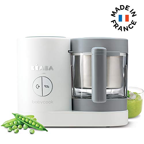 BÉABA - Babycook Néo - Robot de cocina para bebés 4 en 1, Cocina al Vapor Suave y Tritura, Hecho en Francia, Jarra de Cristal y Cestilla de Cocción de Acero Inoxidable, Blanco y Gris