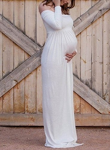 BEDAMAM Premamá Vestido de Manga Larga Maxi Falda Plisada con Encaje Flores para Mujer Casual Maternidad Vestido Fotografía Sexy Vestido de Embarazo Blanco XL