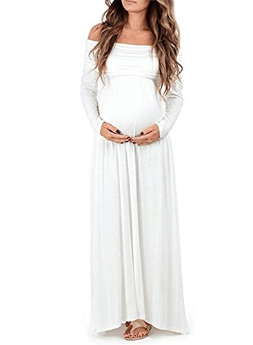 BEDAMAM Premamá Vestido de Manga Larga Maxi Falda Plisada con Encaje Flores para Mujer Casual Maternidad Vestido Fotografía Sexy Vestido de Embarazo Blanco XL