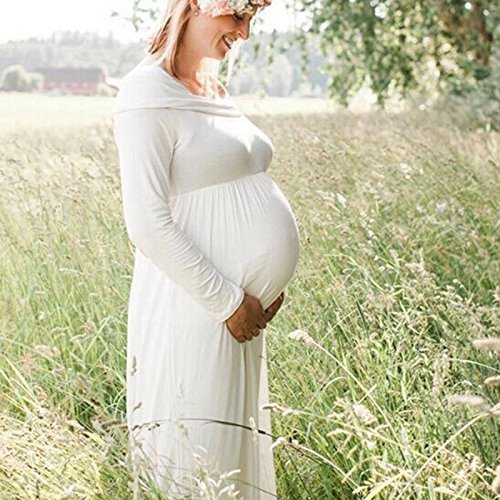 BEDAMAM Premamá Vestido de Manga Larga Maxi Falda Plisada con Encaje Flores para Mujer Casual Maternidad Vestido Fotografía Sexy Vestido de Embarazo Blanco XL