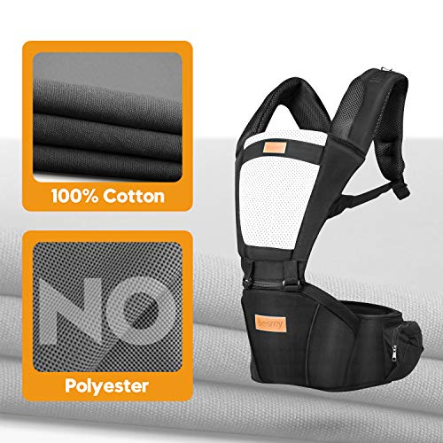 besrey Portabebe Ergonómico con Asiento Puro algodón Ligero y Transpirable Ajustable para Recién Nacidos y Niños Pequeños de 0 a 3 Años (3.5 a 20 Kg) - Negro