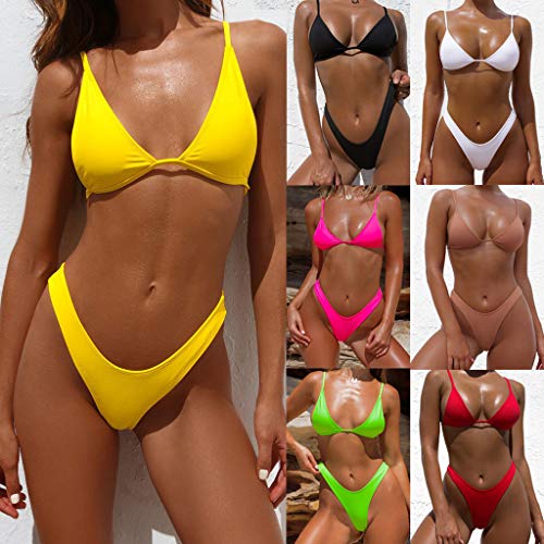 Bikinis Mujer 2019 Brasileños SHOBDW Bañadores de Mujer Dos Piezas Conjunto de Bikini Push Up Sexy Tangas Solid Básico Traje de Baño Mujer Cintura Alta(Rojo,M)