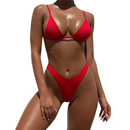 Bikinis Mujer 2019 Brasileños SHOBDW Bañadores de Mujer Dos Piezas Conjunto de Bikini Push Up Sexy Tangas Solid Básico Traje de Baño Mujer Cintura Alta(Rojo,M)