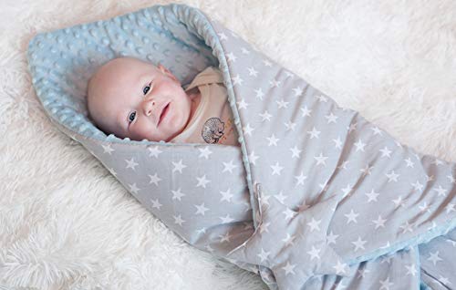 BlueberryShop Minky manta de forro polar para envolver al bebé en el coche| Saco de dormir para bebés recién nacidos | Para bebés de 0-3 meses | 78 x 78 cm | Azules Estrellas