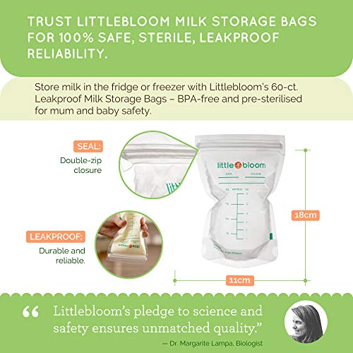 Bolsa de Almacenamiento de Leche - 60 Ct Littlebloom Bolsa de Almacenamiento de Leche 100% Libre de BPA Esterilizada con Cierre de Doble Cremallera y Hermética