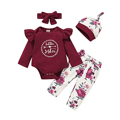 Borlai 4PCS Bebé niñas Little Sister Mono de Manga Larga Romper Pantalones Florales Sombrero Diadema Trajes de impresión de Letras 0-18 Meses