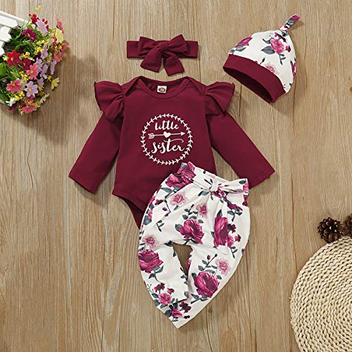 Borlai 4PCS Bebé niñas Little Sister Mono de Manga Larga Romper Pantalones Florales Sombrero Diadema Trajes de impresión de Letras 0-18 Meses