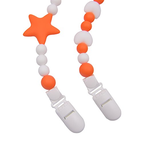 Cadena para chupete de niño/niña, paquete de 2 unidades, soporte de silicona sin BPA, divertido, de colores, con sujeción de anillo de silicona (azul + naranja) naranja naranja