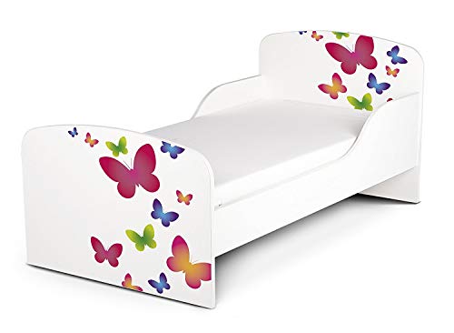 Cama Infantil de Madera 140/70 Cama Para Niños Marco de Cama Colchón Cómodo Alta Validad Vuarto de Niños Muebles Para Niños Dormitorio Mariposas