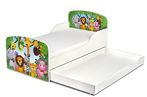 Cama Infantil de Madera 140/70 Cama Para Niños Marco de Cama Colchón y Cajón Cómodo Alta Validad Vuarto de Niños Muebles Para Niños Dormitorio Impresa Animales Zoo Jirafa Elefante León Mono