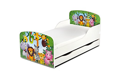 Cama Infantil de Madera 140/70 Cama Para Niños Marco de Cama Colchón y Cajón Cómodo Alta Validad Vuarto de Niños Muebles Para Niños Dormitorio Impresa Animales Zoo Jirafa Elefante León Mono