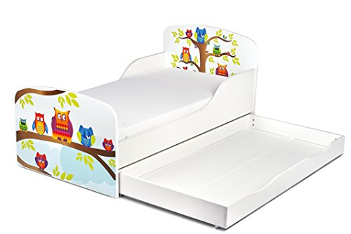 Cama Infantil de Madera 140/70 Cama Para Niños Marco de Cama Colchón y Cajón Cómodo Alta Validad Vuarto de Niños Muebles Para Niños Dormitorio Impresa Búhos