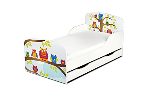 Cama Infantil de Madera 140/70 Cama Para Niños Marco de Cama Colchón y Cajón Cómodo Alta Validad Vuarto de Niños Muebles Para Niños Dormitorio Impresa Búhos