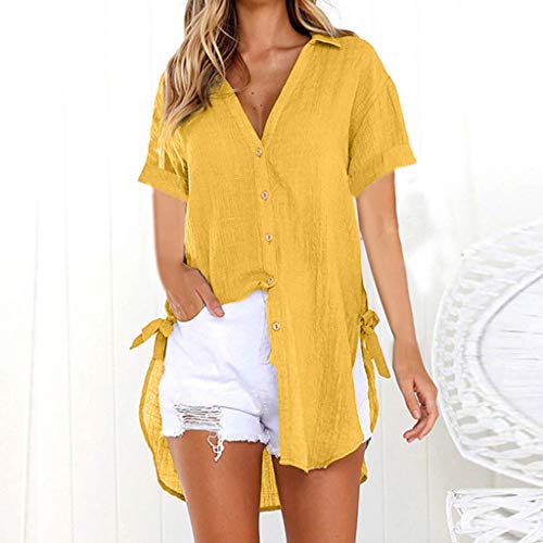 Camiseta Mujer Botón Suelto Vestido Largo Camisa Damas de Algodón Tops Casuales Blusa