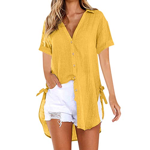 Camiseta Mujer Botón Suelto Vestido Largo Camisa Damas de Algodón Tops Casuales Blusa