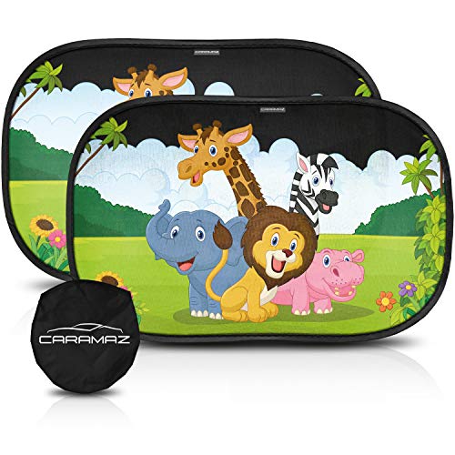 CARAMAZ Parasol Coche con protección UV Extra Oscura - Autoadhesivo, para Proteger del Sol a bebés y Mascotas, 2 parasoles para bebé con Animales de Safari