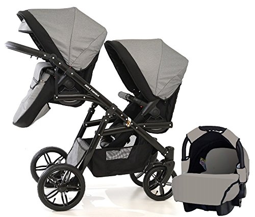 Carro doble (gemelar) niños diferentes edades. 2 sillas + 1 portabebe + accesorios. BBtwin. Gris