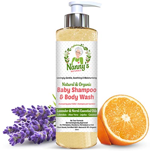 Champú y gel para el cuerpo para bebés completamente natural y orgánico | Lavanda y flor de azahar | Jabón 100% natural y 76% orgánico para bebés y niños