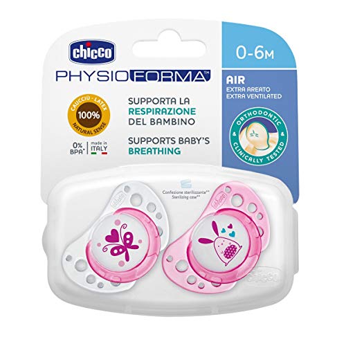 Chicco Physio Air - Pack de 2 chupetes de látex/caucho para 0-6 meses, color rosa