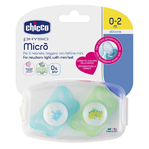 Chicco Physio Micrò - Pack de dos chupetes de silicona recién nacido 0-2 meses, modelos aleatorios, color azul