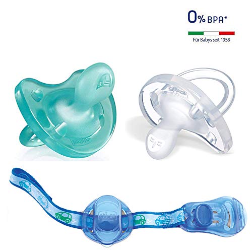 CHICCO Physio Soft, Pack de 2 Chupetes de Silicona, 0-6 m + CHICCO Easy Clip soft