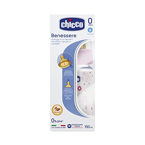 Chicco Wellbeing - Biberón con tetina de látex y flujo normal para bebé de 0m+, 150 ml, color rosa