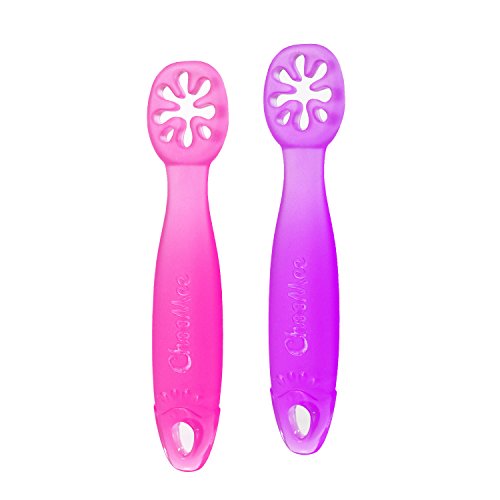 ChooMee FlexiDip Baby Starter Spoon | Platinum Silicone | First Stage Teething Friendly Learning Utensil | 2 CT | Pink Purple