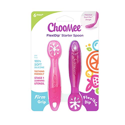 ChooMee FlexiDip Baby Starter Spoon | Platinum Silicone | First Stage Teething Friendly Learning Utensil | 2 CT | Pink Purple