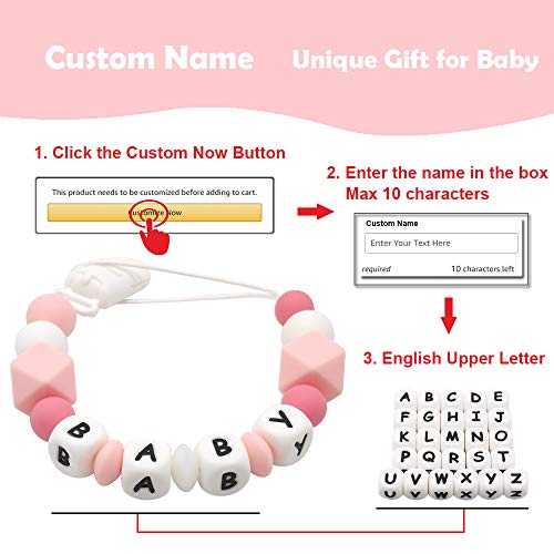 Chupetero Personalizado Para Bebe con Nombre Clips para chupete personalizados Mordedores de silicona para bebé Juguetes para dentición Soother Cadena de chupete Cuentas (Pink)