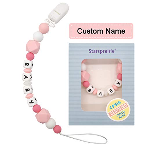 Chupetero Personalizado Para Bebe con Nombre Clips para chupete personalizados Mordedores de silicona para bebé Juguetes para dentición Soother Cadena de chupete Cuentas (Pink)