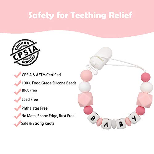 Chupetero Personalizado Para Bebe con Nombre Clips para chupete personalizados Mordedores de silicona para bebé Juguetes para dentición Soother Cadena de chupete Cuentas (Pink)