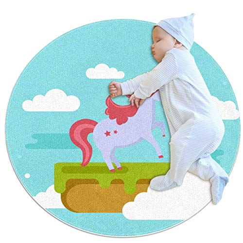 Cielo Azul Nube Blanca Unicornio Alfombra Baby Area Decoración de habitación redonda suave y antideslizante para bebés y niños pequeños 100cm