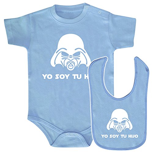 ClickInk Pack Body bebé y babero Yo soy tu hijo. Parodia Yo soy tu padre. Regalo original. Body friki. Babero friki. (Azul, 3 meses)