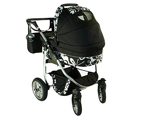 Cochecito de bebe 3 en 1 2 en 1 Trio Isofix silla de paseo D-Deluxe by SaintBaby negro & cuadros gris & costuras rosa 2in1 sin Silla de coche