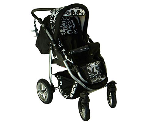 Cochecito de bebe 3 en 1 2 en 1 Trio Isofix silla de paseo D-Deluxe by SaintBaby negro & cuadros gris & costuras rosa 2in1 sin Silla de coche