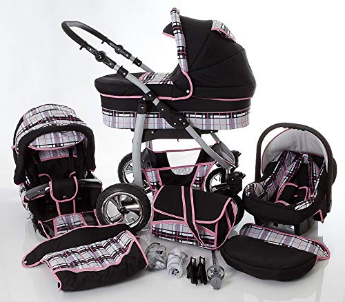 Cochecito de bebe 3 en 1 2 en 1 Trio Isofix silla de paseo D-Deluxe by SaintBaby negro & cuadros gris & costuras rosa 2in1 sin Silla de coche