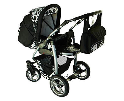 Cochecito de bebe 3 en 1 2 en 1 Trio Isofix silla de paseo D-Deluxe by SaintBaby negro & cuadros gris & costuras rosa 2in1 sin Silla de coche